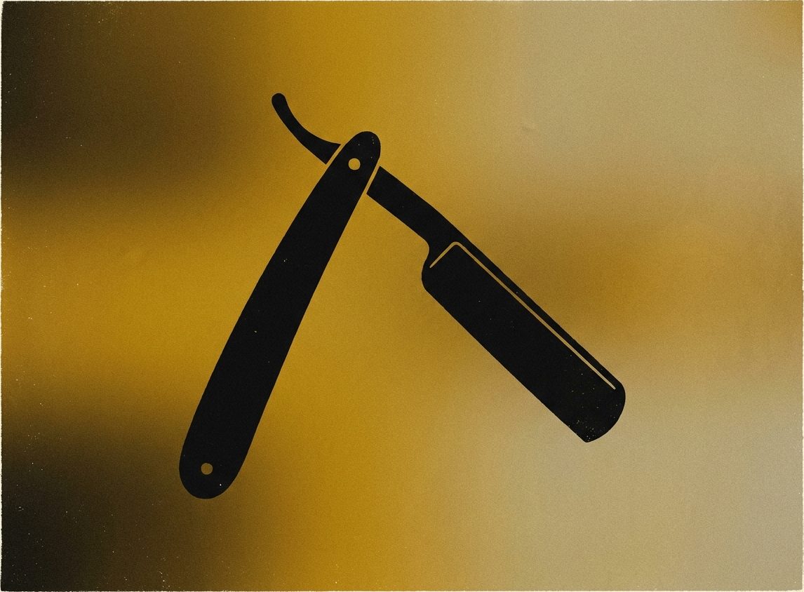An open straight razor as a black graphic shape against a gold field.