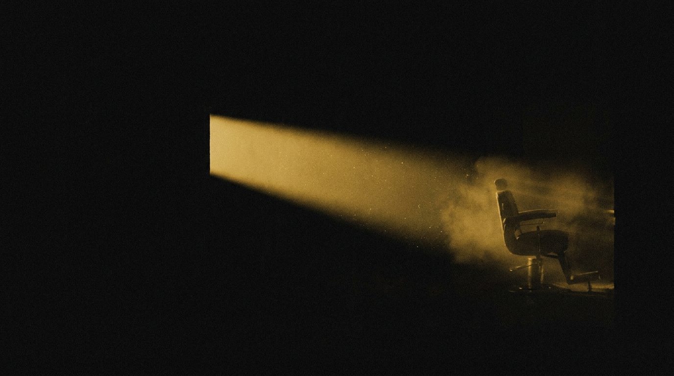 A shaft of warm light crossing a dark room, catching dust, with the silhouette of a barber's chair at its edge.